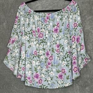 Vine & Love Large Shirt Top Blue Purple Floral Flower Boat Neck Bell 3/4 Sleeve